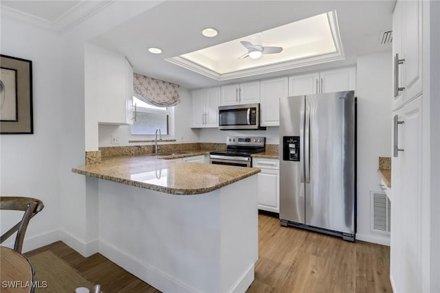 kitchen with sink, white cabinetry, appliances with stainless steel finishes, a raised ceiling, and kitchen peninsula