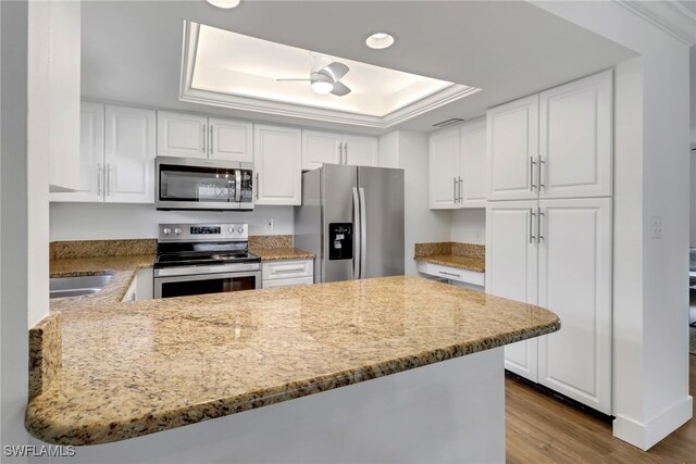 kitchen with a raised ceiling, white cabinets, light hardwood / wood-style floors, kitchen peninsula, and stainless steel appliances