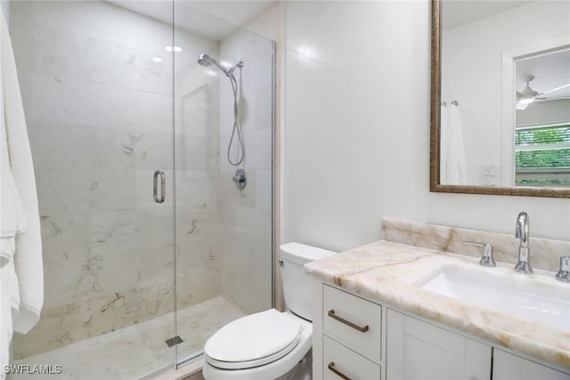 bathroom with vanity, an enclosed shower, and toilet