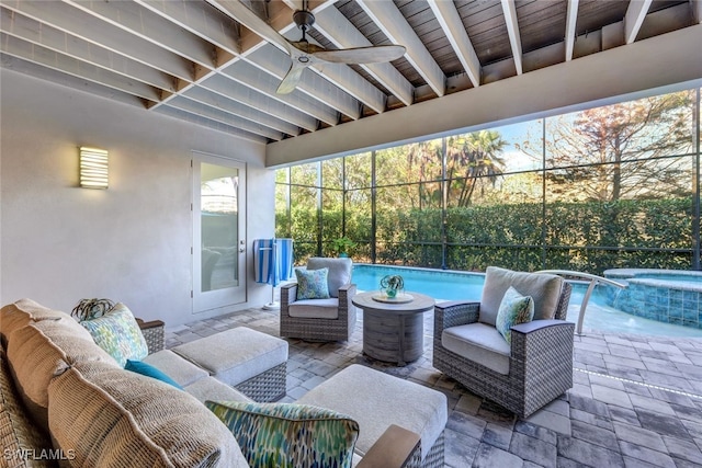 view of patio / terrace with ceiling fan, a pool with hot tub, glass enclosure, and an outdoor living space