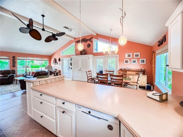 kitchen with french doors, white dishwasher, decorative light fixtures, vaulted ceiling with beams, and white cabinetry