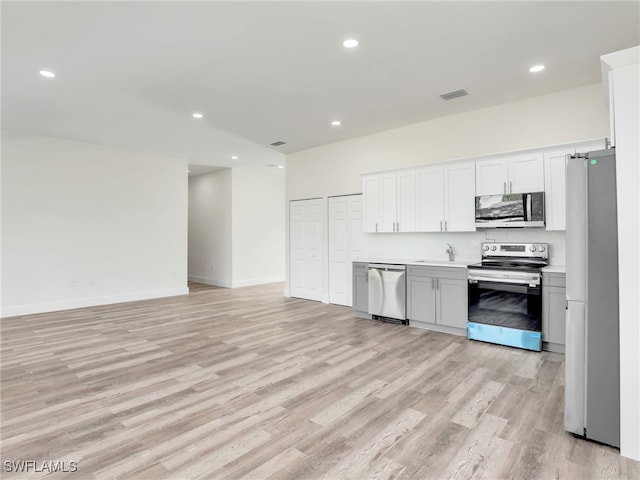 kitchen with white cabinetry, sink, light wood-type flooring, and appliances with stainless steel finishes