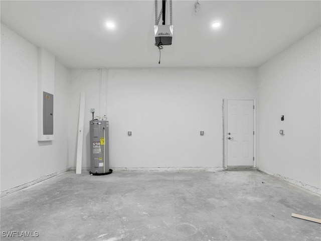 garage featuring electric panel, a garage door opener, and water heater