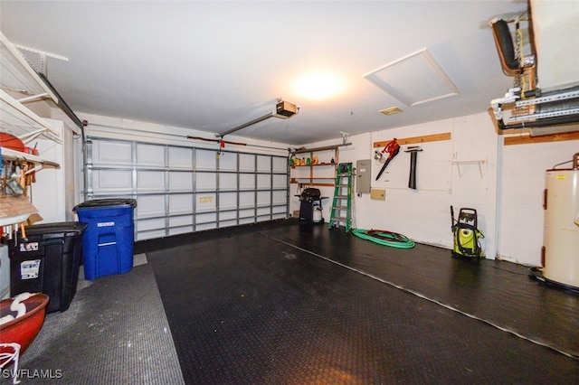 garage with a garage door opener, electric panel, and water heater