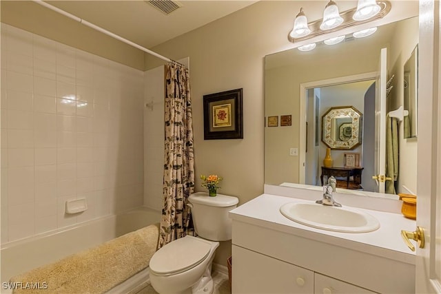 full bathroom with toilet, shower / bath combo, vanity, and visible vents