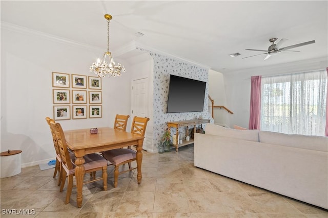 dining area with ceiling fan with notable chandelier and ornamental molding