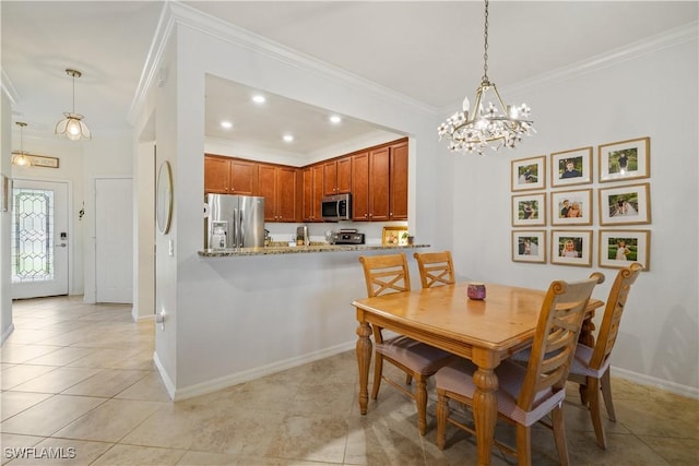 dining space featuring a chandelier, crown molding, and light tile patterned flooring