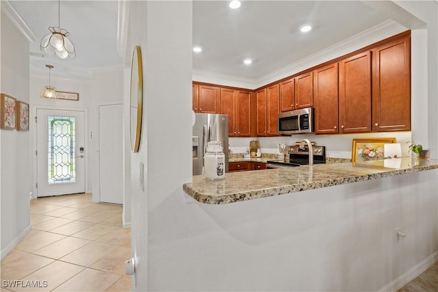 kitchen with light stone countertops, light tile patterned floors, ornamental molding, decorative light fixtures, and stainless steel appliances