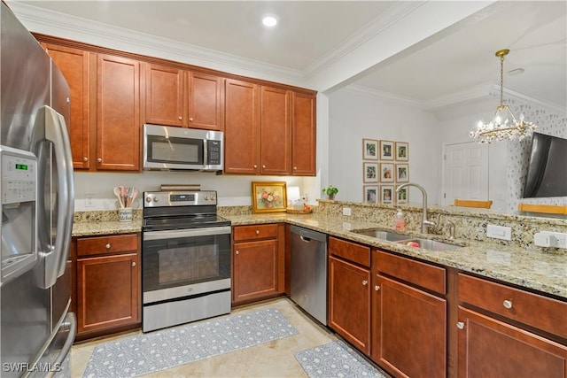 kitchen with light stone counters, stainless steel appliances, an inviting chandelier, and sink