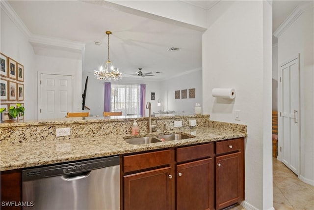 kitchen featuring crown molding, sink, stainless steel dishwasher, and ceiling fan with notable chandelier