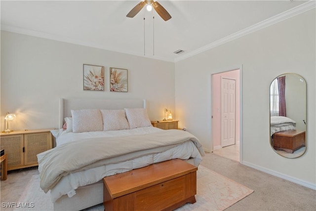 bedroom featuring ceiling fan, ornamental molding, and light carpet