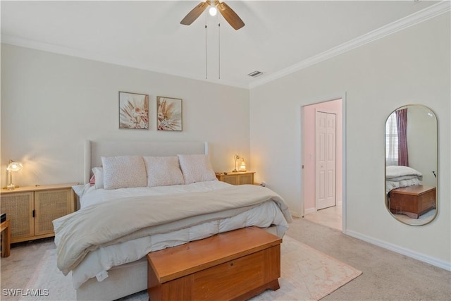 2669 Citrus St, Naples, FL 34120 - bedroom with light carpet, ornamental molding, baseboards, and ceiling fan