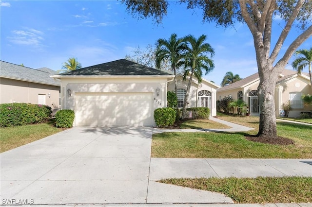 ranch-style house with a front yard and a garage