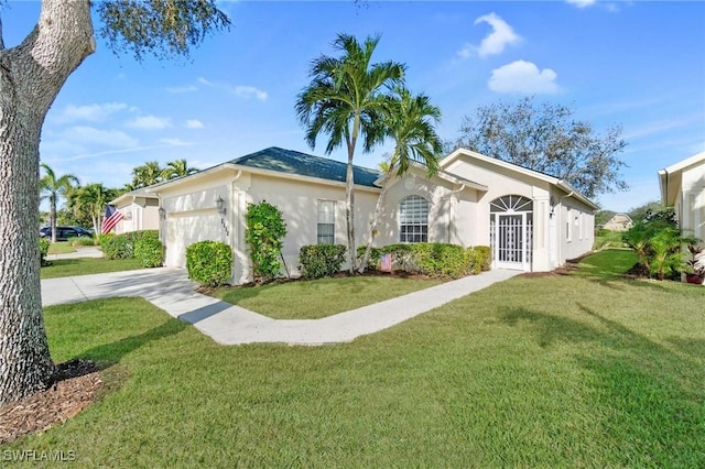 ranch-style home featuring stucco siding, driveway, a front lawn, and an attached garage