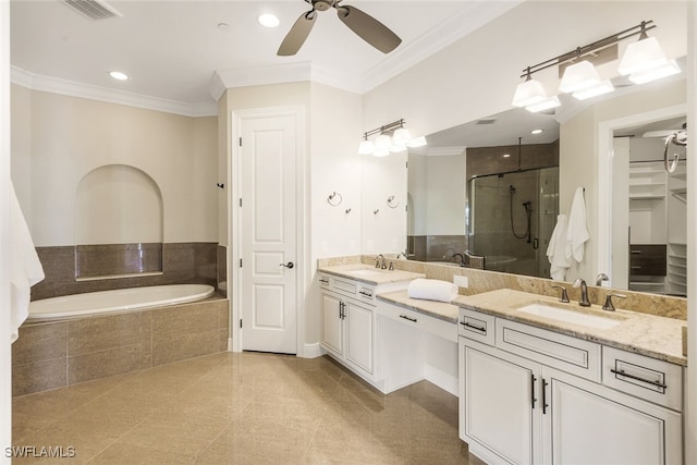 bathroom featuring plus walk in shower, ornamental molding, vanity, and ceiling fan