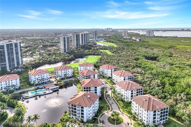 aerial view featuring a water view