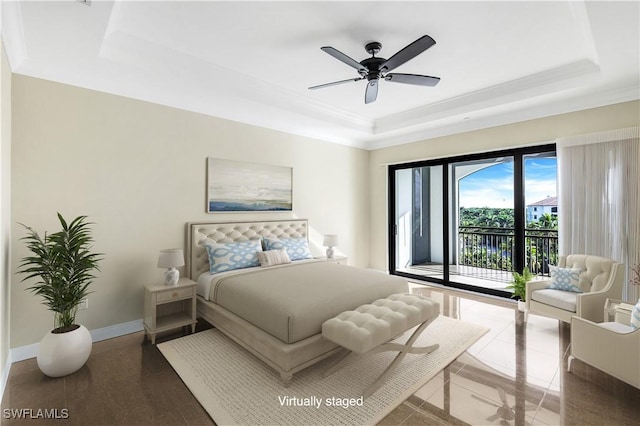 bedroom with access to exterior, ornamental molding, a raised ceiling, and ceiling fan