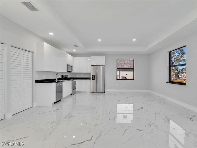 kitchen with stainless steel appliances, white cabinets, a tray ceiling, dark countertops, and modern cabinets