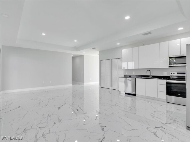 kitchen featuring a sink, appliances with stainless steel finishes, a raised ceiling, dark countertops, and modern cabinets