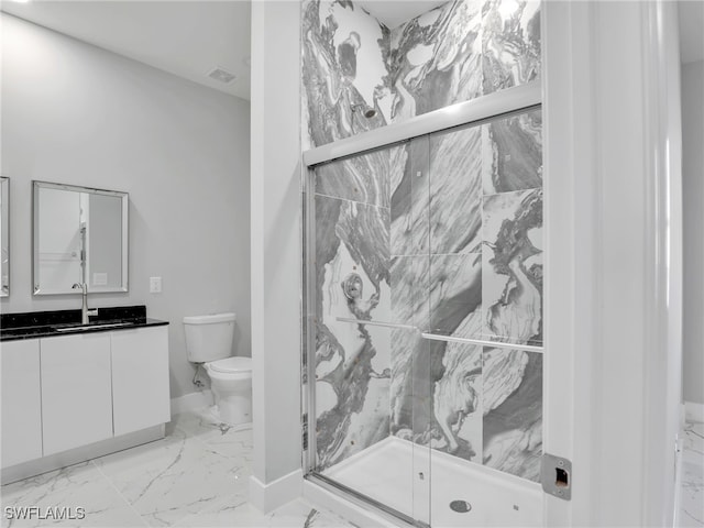 1423 NW 20th Ter, Cape Coral, FL 33993 - bathroom featuring marble look tile flooring, vanity, toilet, a marble finish shower, and baseboards