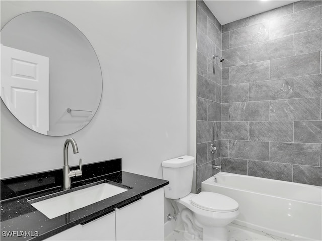 full bath with toilet, marble finish floor, shower / bath combination, and vanity