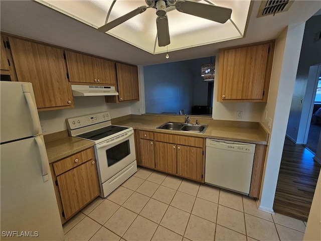 kitchen featuring ceiling fan, light tile patterned flooring, white appliances, and sink