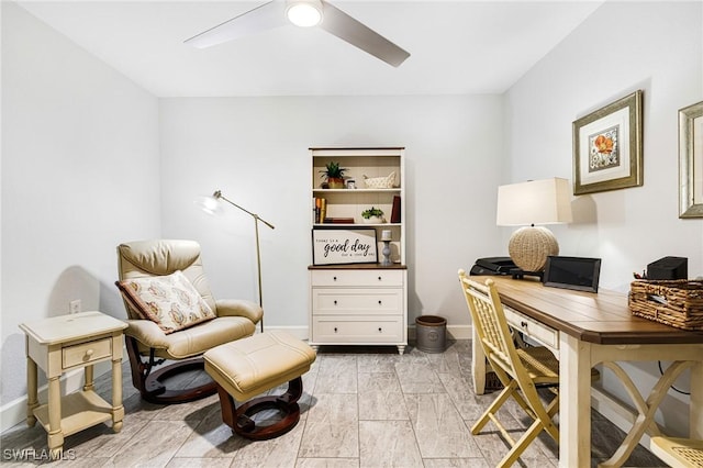 office area featuring ceiling fan and light hardwood / wood-style floors