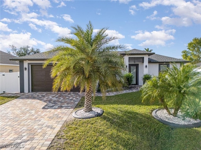 view of front facade with a garage and a front lawn