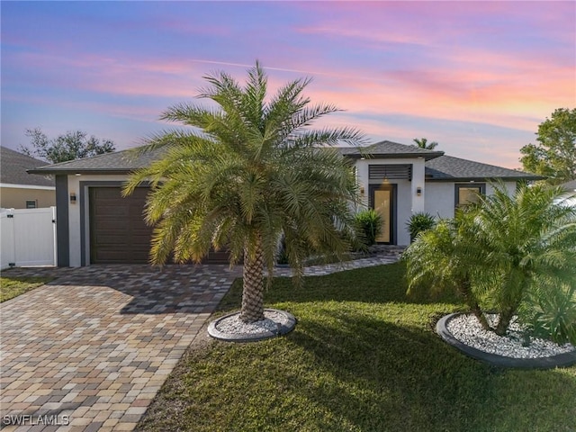 view of front of home featuring a yard and a garage