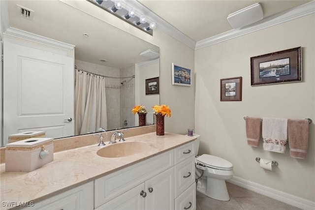 bathroom with curtained shower, tile patterned flooring, toilet, vanity, and ornamental molding