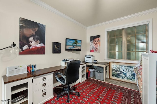 carpeted home office featuring crown molding