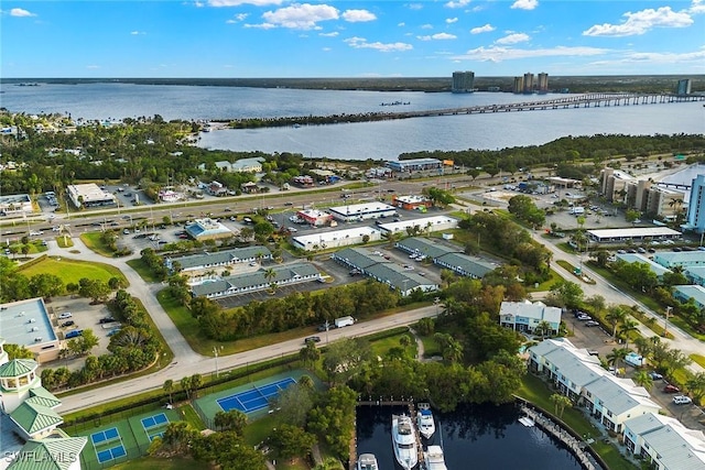 drone / aerial view featuring a water view