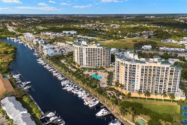 bird's eye view with a water view