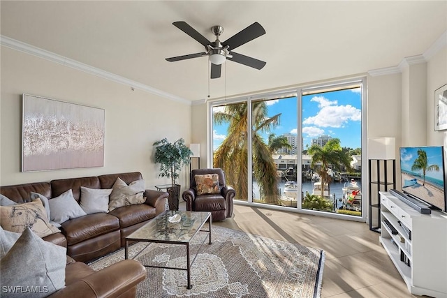 tiled living room with crown molding and ceiling fan