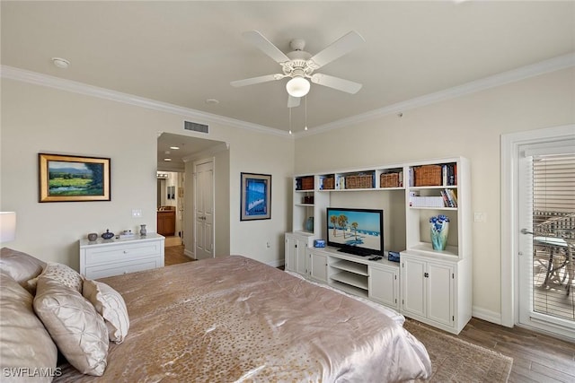 bedroom featuring ceiling fan, access to exterior, light wood-type flooring, and crown molding