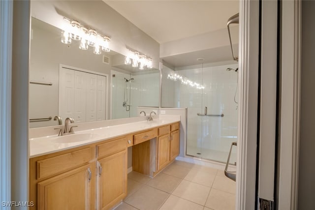 bathroom featuring tile patterned flooring, vanity, a shower with door, and toilet