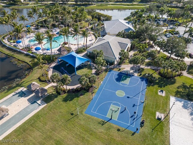 birds eye view of property featuring a water view