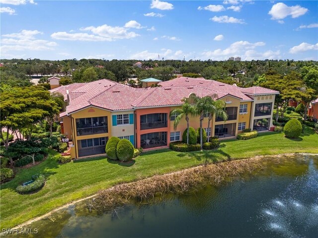 aerial view featuring a water view