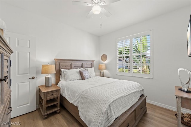 bedroom featuring ceiling fan and light hardwood / wood-style floors