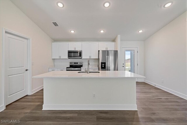 kitchen featuring white cabinetry, dark wood-style floors, visible vents, and appliances with stainless steel finishes