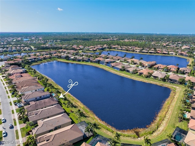 drone / aerial view featuring a water view