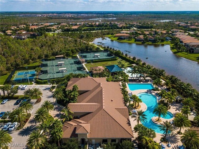 aerial view featuring a water view