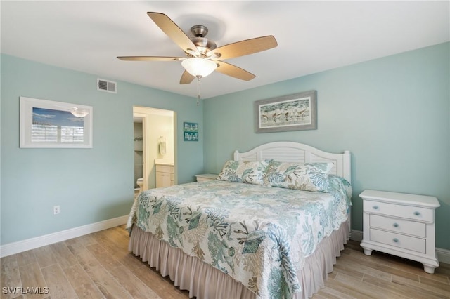 bedroom featuring ceiling fan, light wood finished floors, visible vents, and baseboards