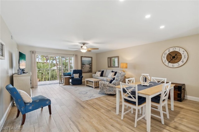 dining space featuring light wood finished floors, ceiling fan, baseboards, and recessed lighting