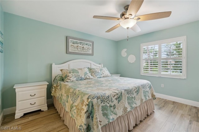 bedroom featuring light wood-type flooring, ceiling fan, and baseboards