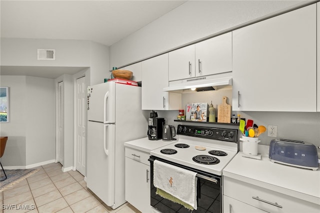 kitchen with white cabinetry, light tile patterned flooring, and white appliances