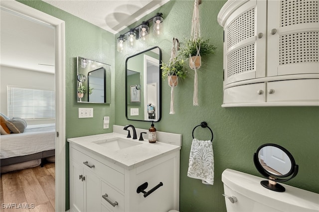 bathroom with vanity, toilet, and wood-type flooring