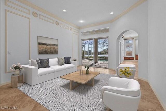 living room featuring crown molding and light tile patterned flooring