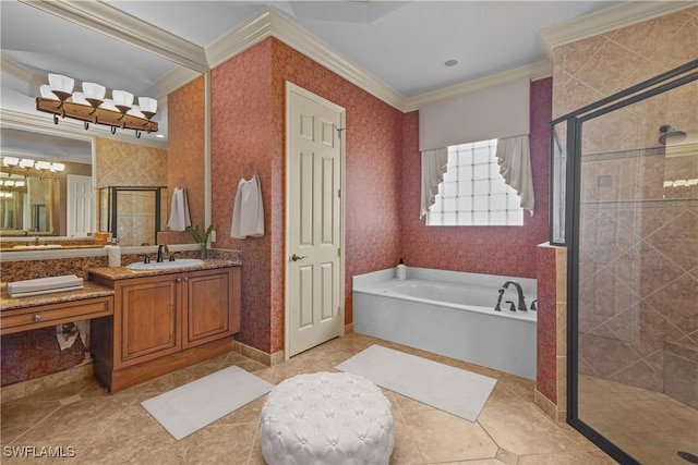 bathroom featuring tile patterned flooring, vanity, separate shower and tub, and crown molding