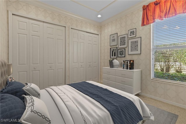 carpeted bedroom featuring ornamental molding and multiple closets